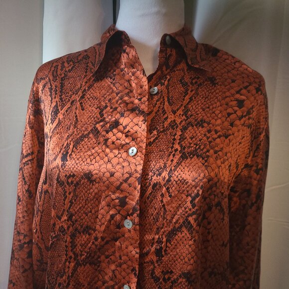 Woman's Votre Nom Button front Top - M - 100% Silk long sleeve copper & Black - Picture 2 of 7